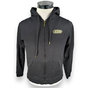 League of Legends Riot Gaming Hoodie Womens Large Zip Black Metallic Gold Pocket